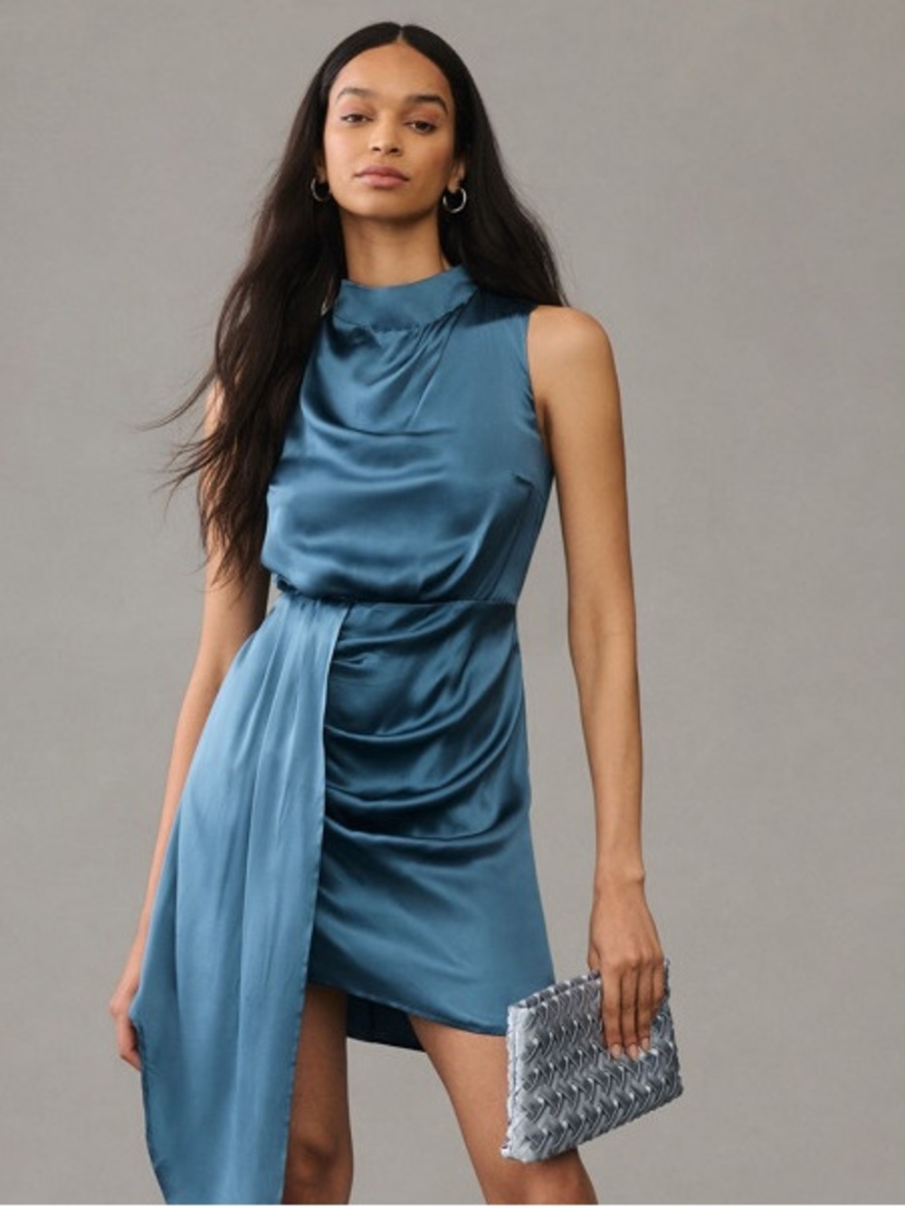 Anthropologie Satin High-Neck Mini Dress in Teal-Blue